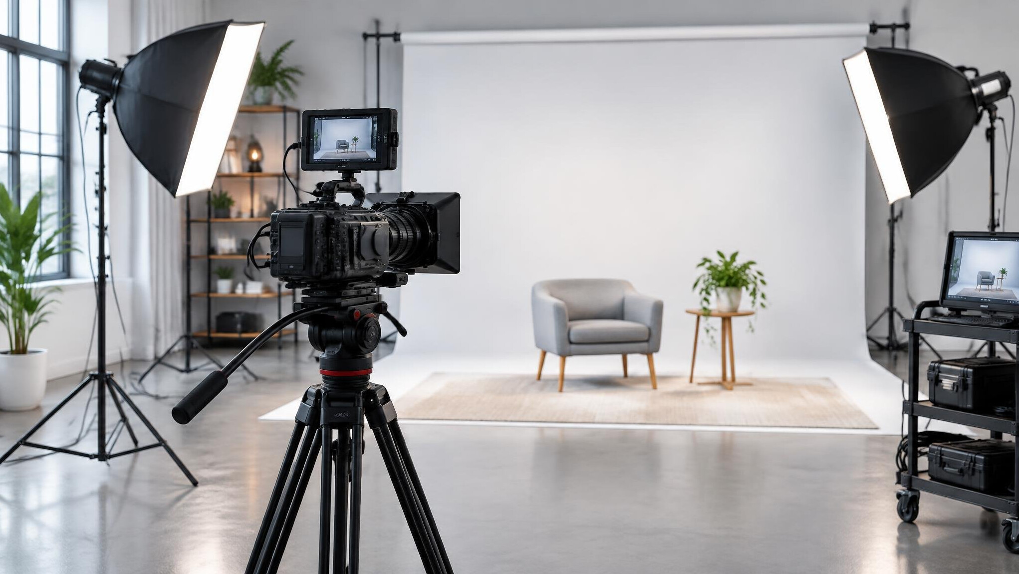 Video camera on a tripod in a bright production studio