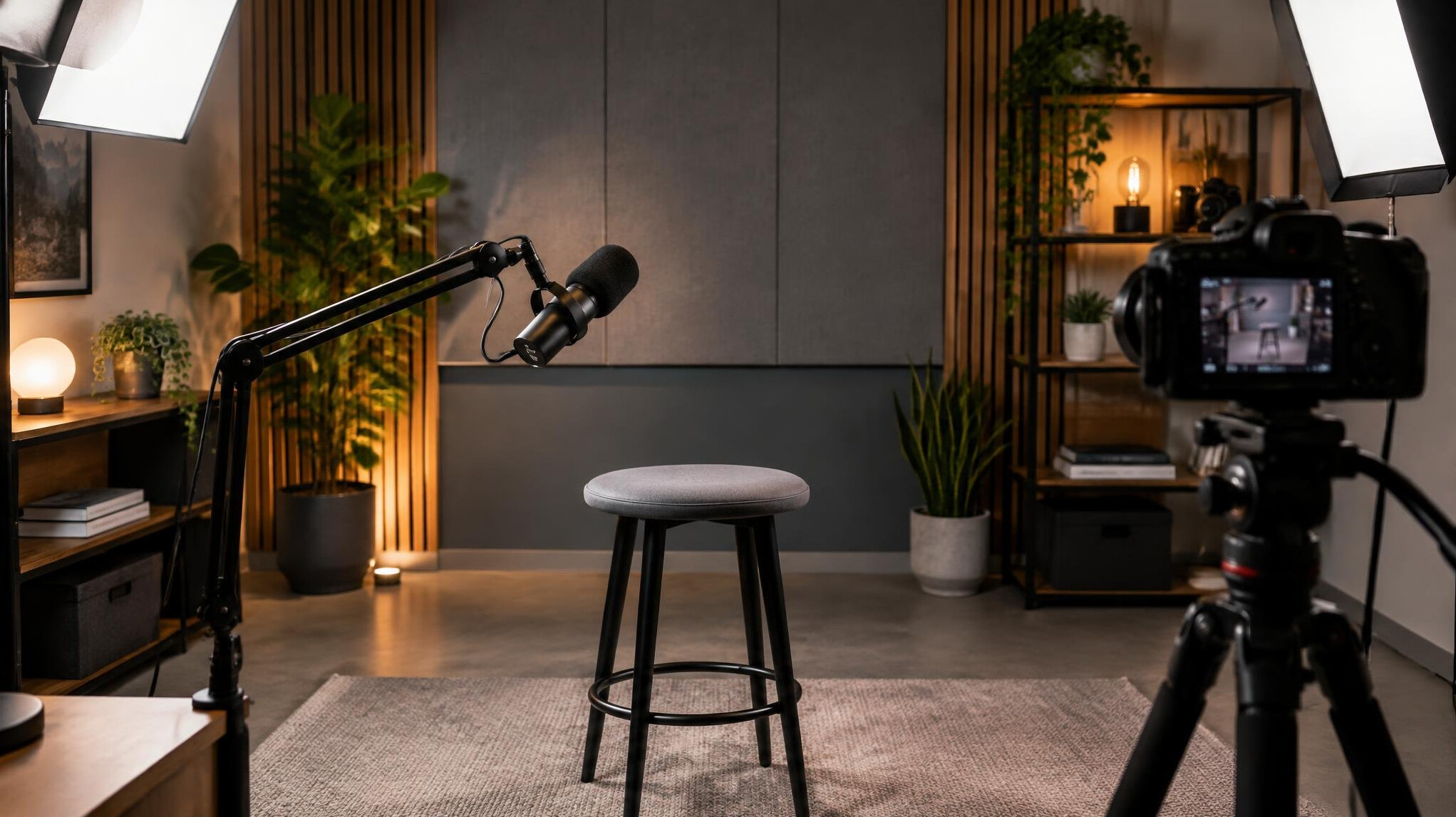 Podcast and video studio setup with microphone