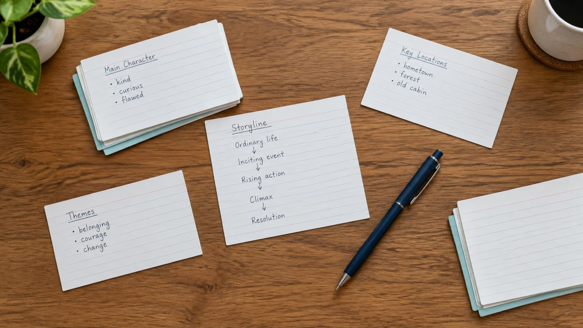 Notes and pen used for planning a storyline