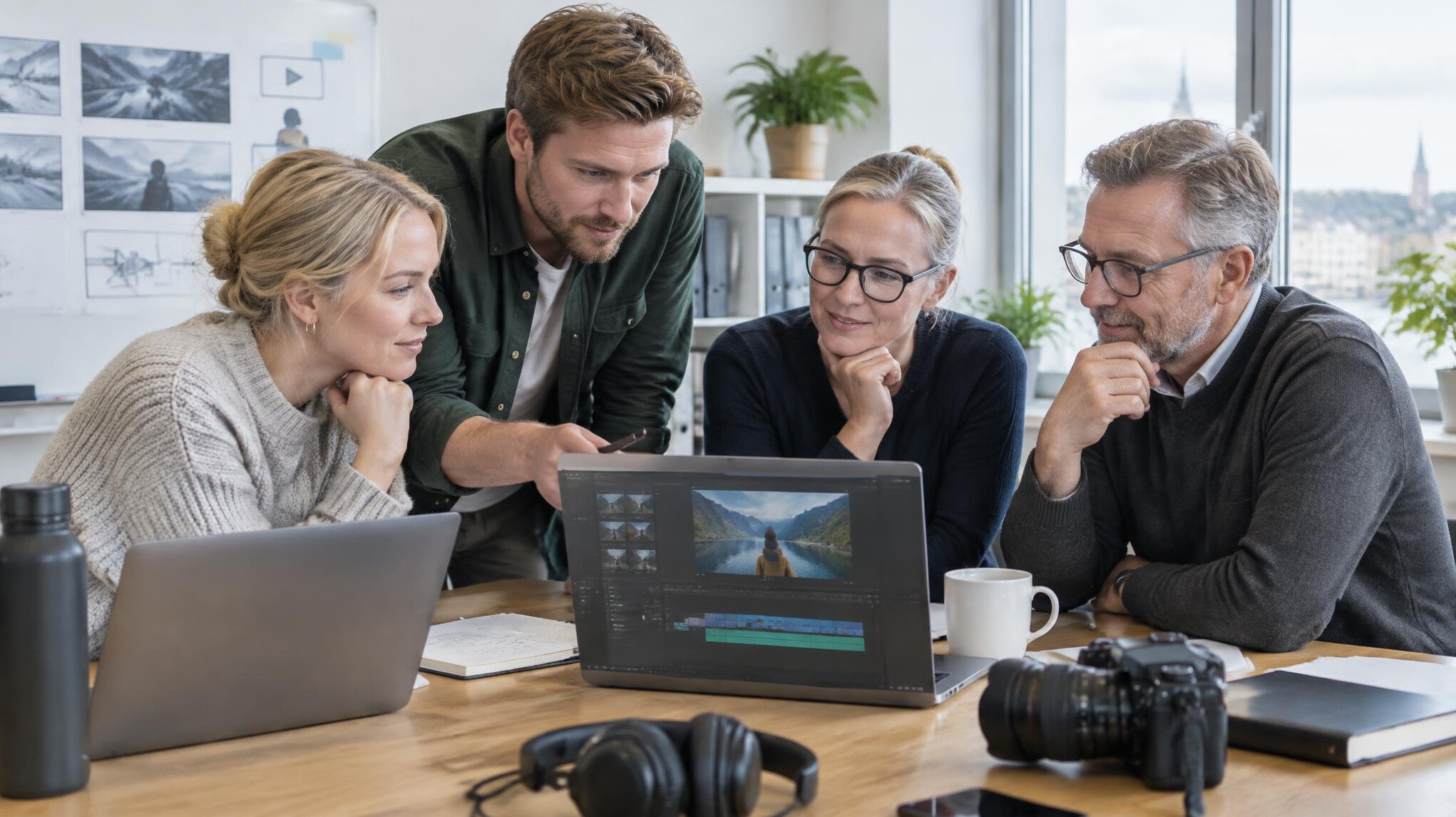 Team collaborating around laptops planning a production